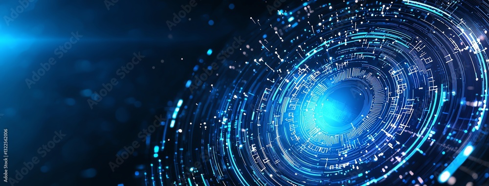 Poster a stunning abstract representation of digital technology, with swirling blue lights and data element