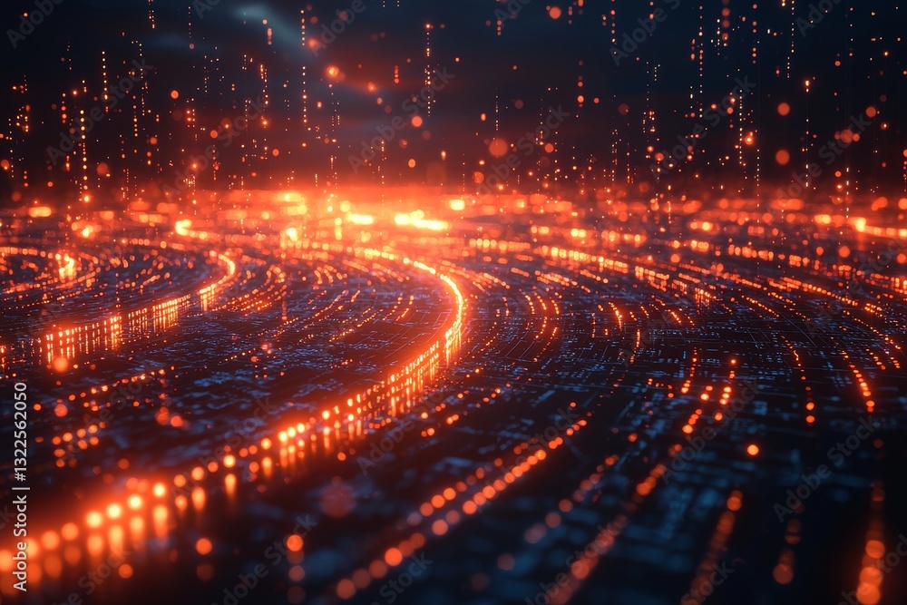 Poster visual representation of a digital landscape featuring connected nodes and lines symbolizing data fl