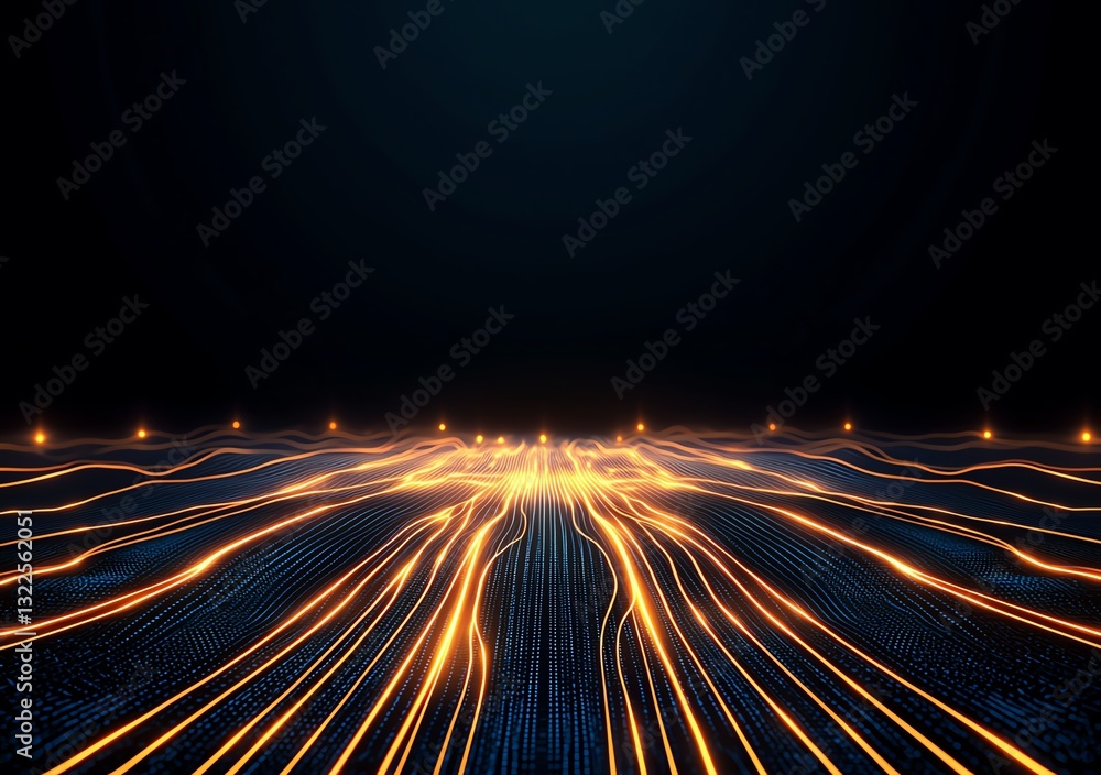 Poster abstract representation of technological advancement with glowing lines depicting digital data flow 