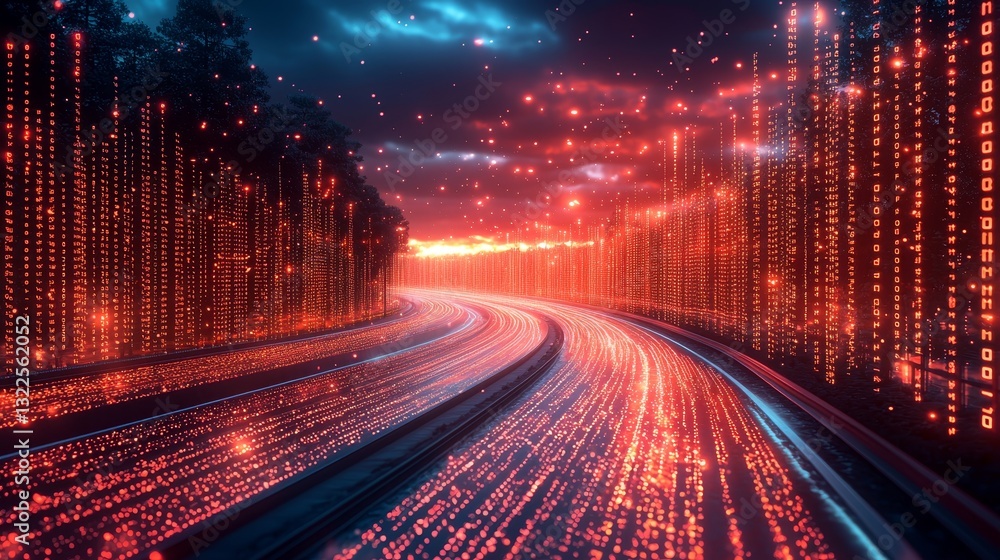 Poster stocka concept illustration featuring the movement of digital data on a conceptual road, representin