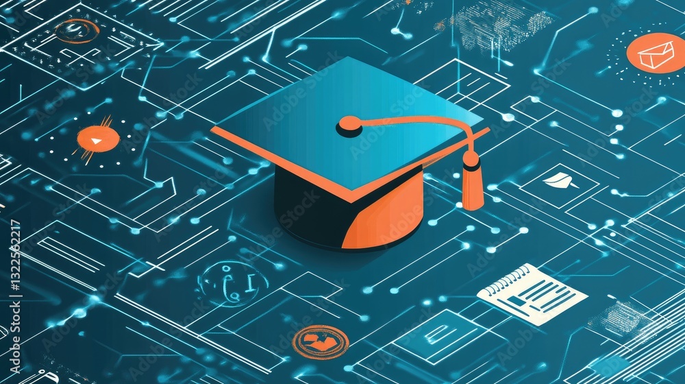 Poster a digital concept of online education with e-learning tools and icons of internet courses and consul