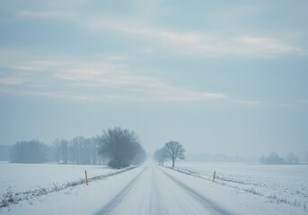 Fototapeta premium Winter road through snow-covered countryside with bare trees under cloudy sky