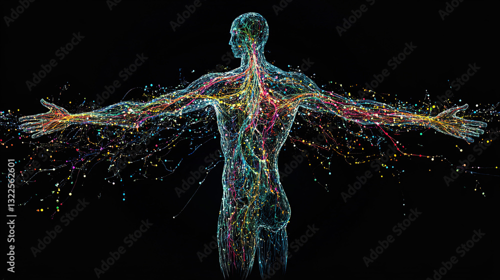 Poster exploring human anatomy through colorful visualization digital art science dark background abstract 