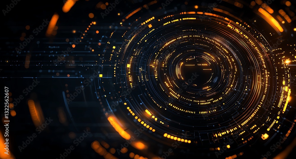 Poster a futuristic abstract background featuring glowing circular patterns and vibrant orange and blue hue