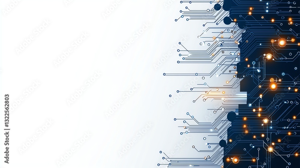 Poster abstract technology background featuring a digitally rendered circuit board with glowing lights, sym