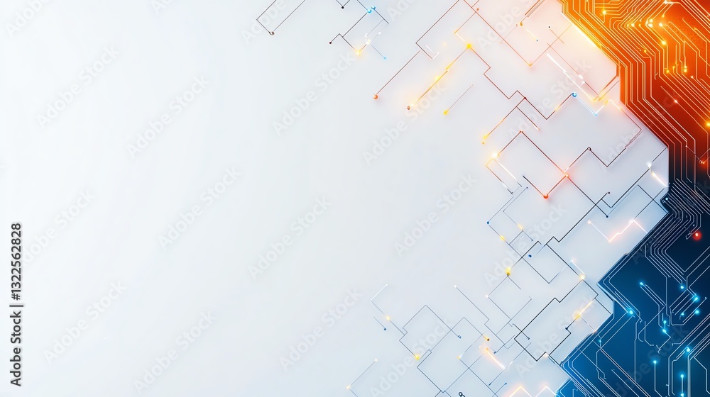 Poster abstract digital circuit background with glowing lines and nodes in blue and orange colors. a modern