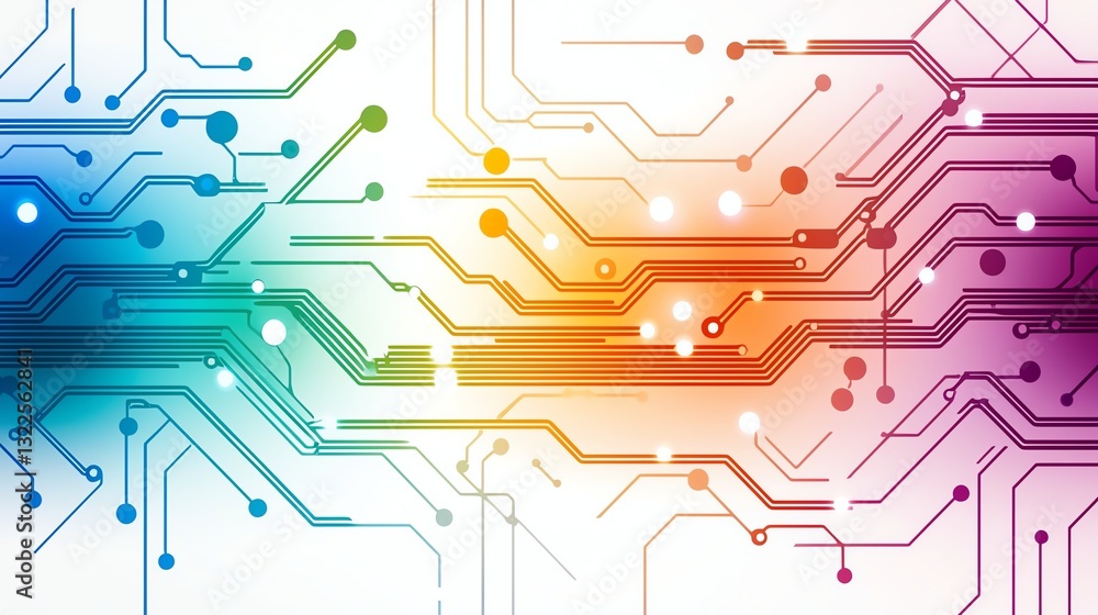 Poster a vibrant, abstract representation of circuit patterns showcasing colorful lines and nodes, symboliz