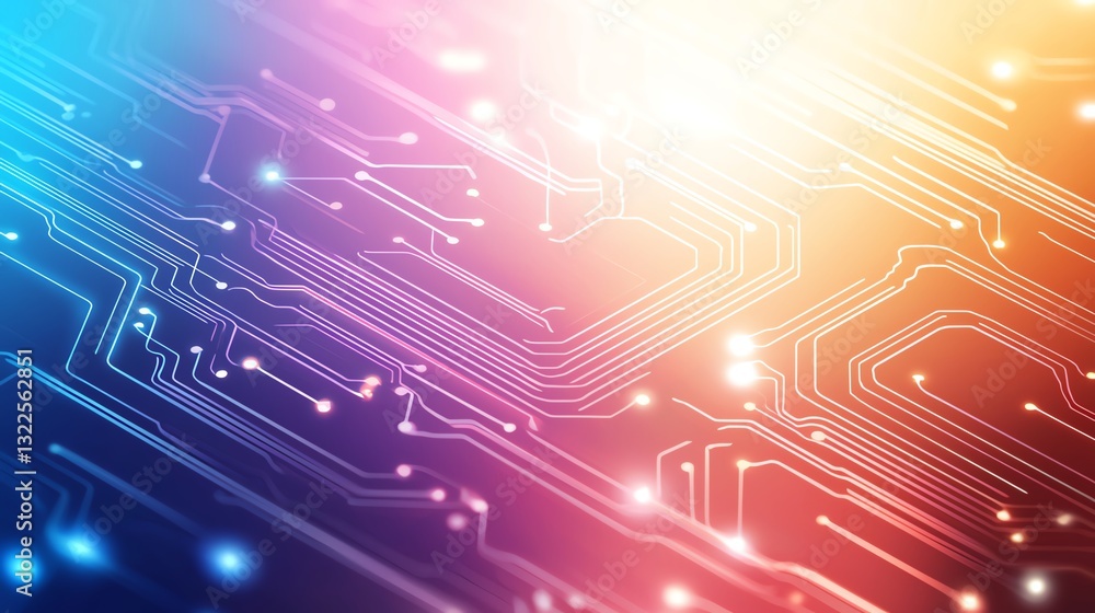 Poster a vibrant abstract representation of a circuit board, showcasing colorful lines and lights that merg