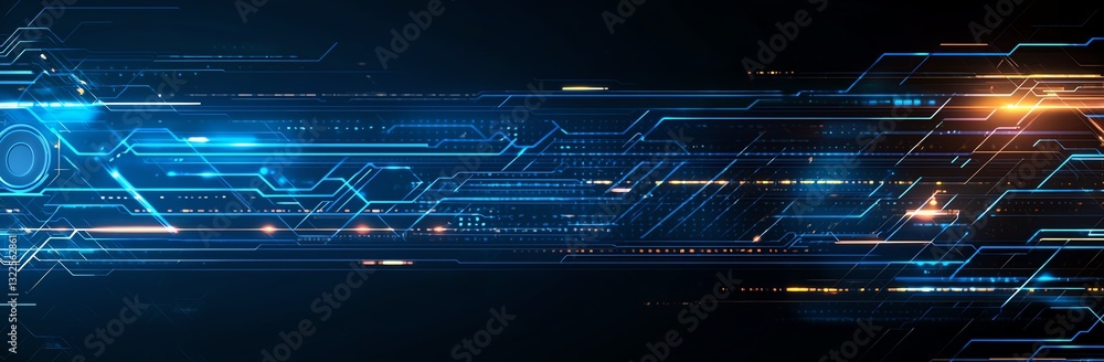 Poster futuristic digital background featuring vibrant blue and orange lines with glowing elements, represe