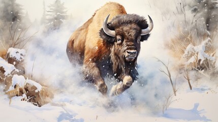 Watercolor painting of a buffalo in a snowy landscape scene with clean lines and soft colors