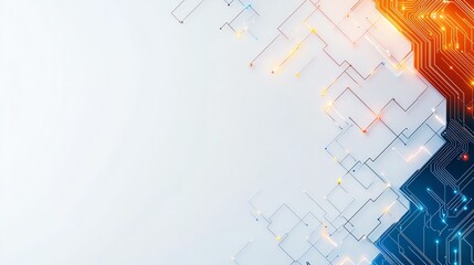 Fototapeta premium Abstract digital circuit background with glowing lines and nodes in blue and orange colors. A modern tech design ideal for showcasing innovation and digital concepts.