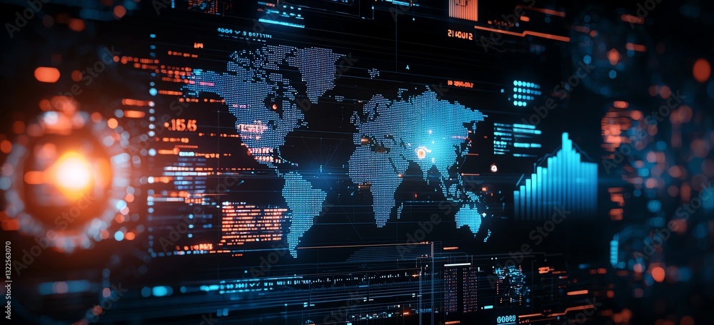 Aufkleber a high-tech digital interface displaying a world map with data streams and analytical graphics. the 