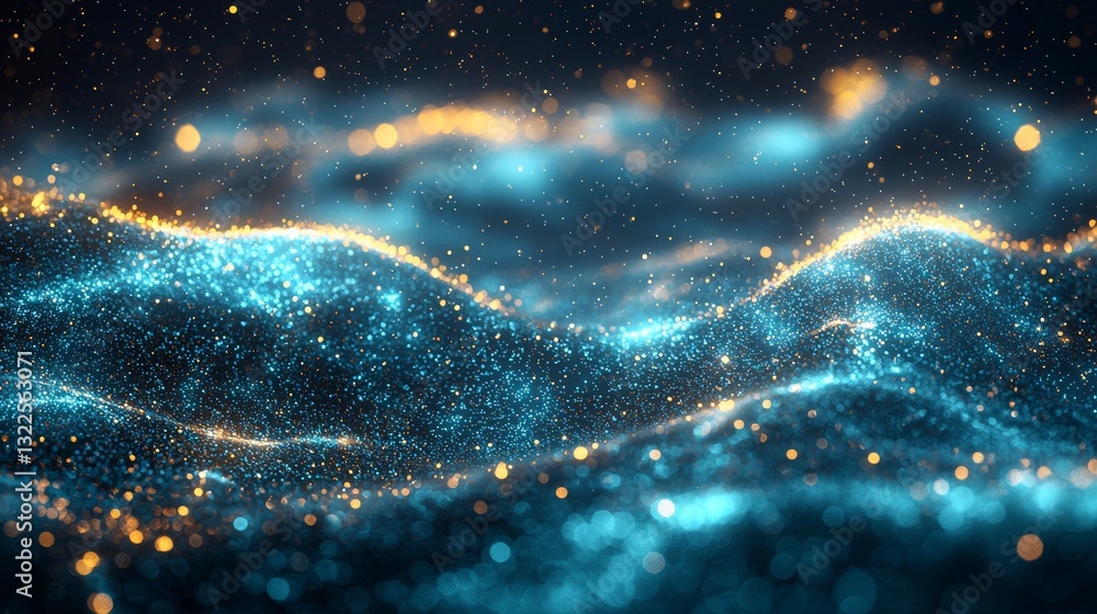 Poster teal ripples adorned with sparkling particles, generating an abstract and animated scene