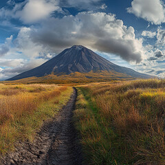 Naklejka premium Eruption of powerful volcano nature landscape stunning viewpoint under dramatic cloudy sky natural beauty