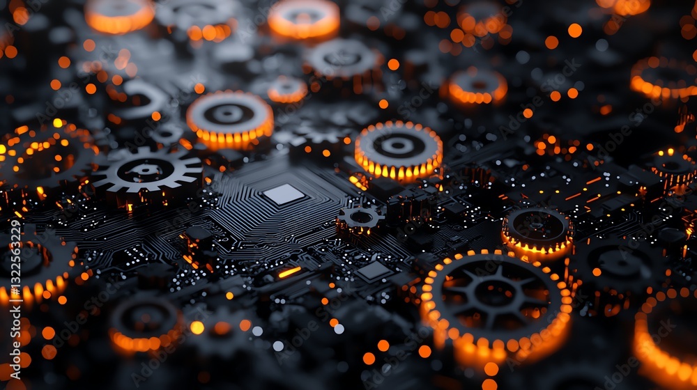 Poster an intricate close-up of a black circuit board with glowing orange gears and circuits, representing 