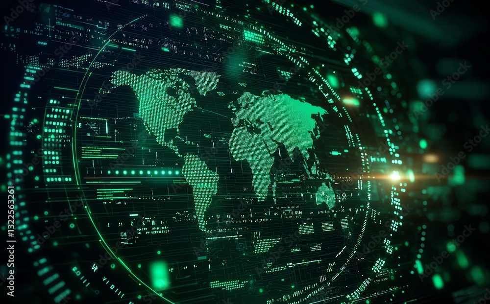 Poster a futuristic digital world map overlaid with green binary code, representing global connectivity and
