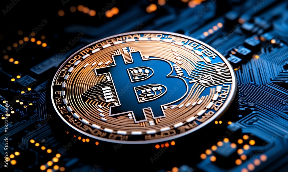 Poster a close-up image of a bitcoin coin showcasing its intricate design against a futuristic motherboard 