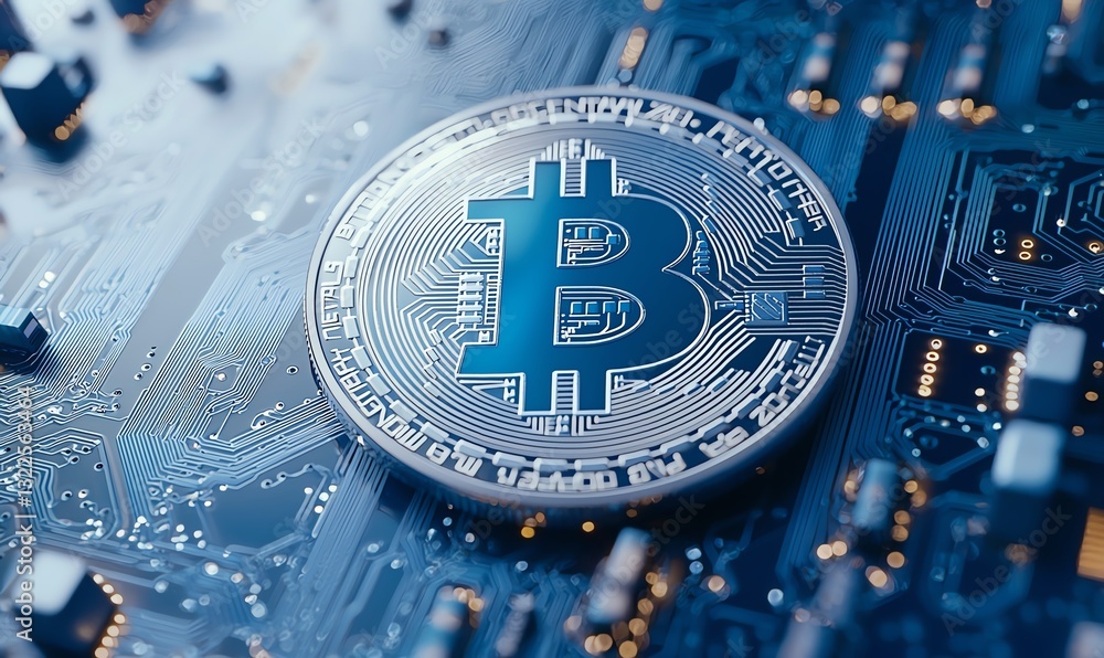 Poster a close-up of a bitcoin coin on a digital circuit board, illustrating the intersection of finance an