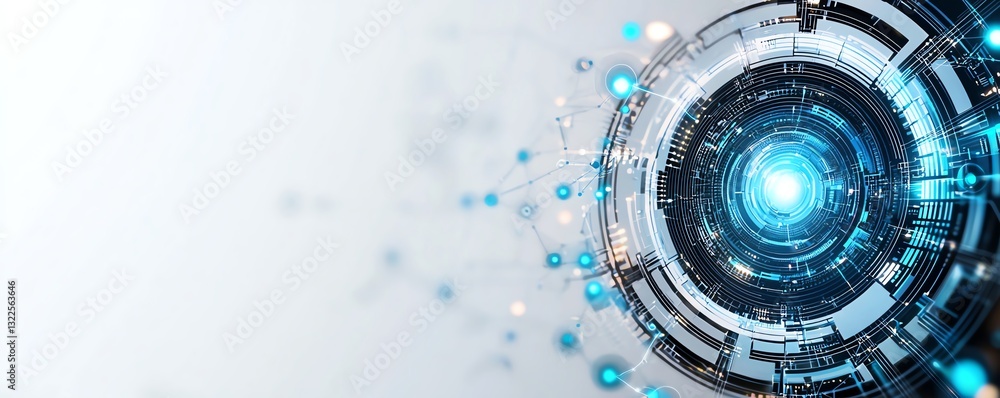 Poster a futuristic abstract design featuring a circular element with glowing blue lights and interconnecte