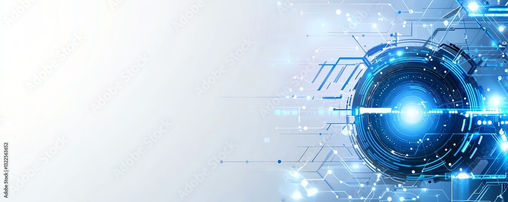 Poster futuristic digital abstract background showcasing a glowing blue circular interface with intricate d