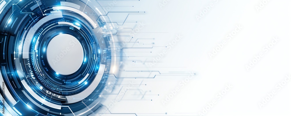 Poster Abstract technology background featuring a circular design with glowing blue elements and digital patterns. Ideal for high-tech concepts, innovation, or futuristic themes.