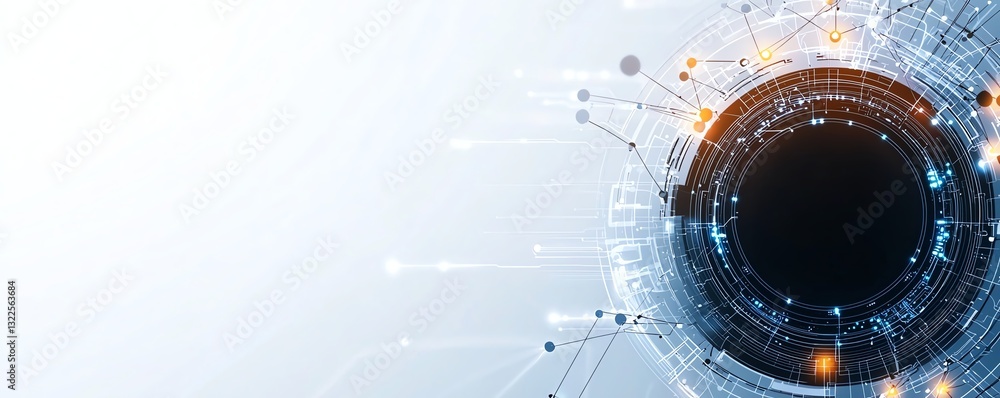 Poster an abstract representation of digital technology featuring a circular design with glowing lines and 