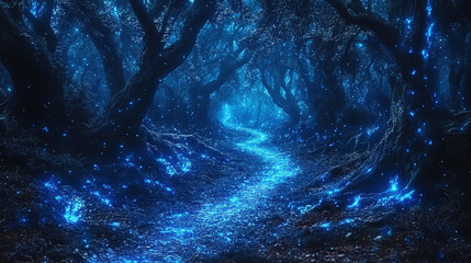 Fototapeta premium Enchanted night journey mystical forest scenic nature photography ethereal glow low angle fantasy concept