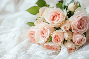 Wedding invitation card with pale pink rose bouquet and soft background close up