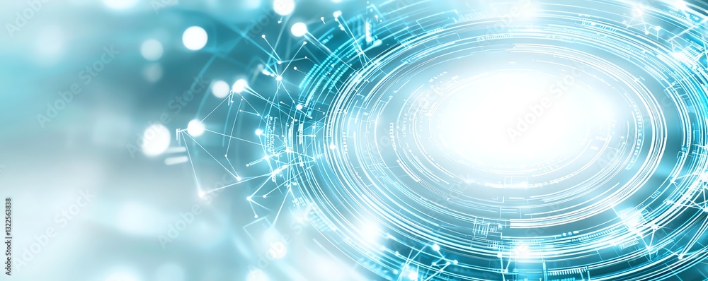 Poster this image features a mesmerizing abstract design with glowing blue circles and light patterns, symb