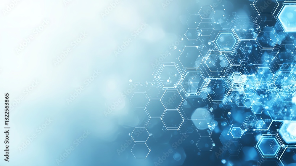 Poster a vibrant and abstract technology background featuring hexagonal patterns and luminous blue lights, 