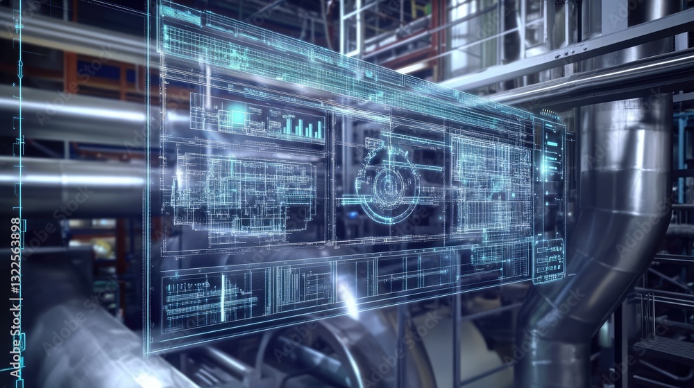 Poster a digital twin interface displaying a real-time simulation of a smart manufacturing process.