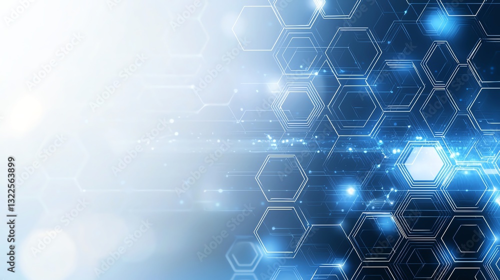 Poster this image features a futuristic hexagonal pattern with glowing blue lights on a gradient background