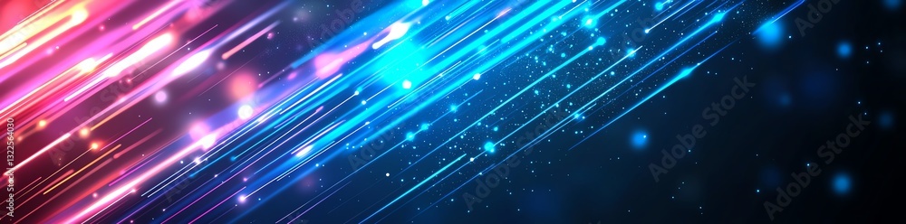 Poster an abstract background with vibrant lines of blue and pink light creating a dynamic visual experienc