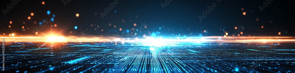 Poster an abstract digital landscape showcasing streams of light and data flow, symbolizing the advancement