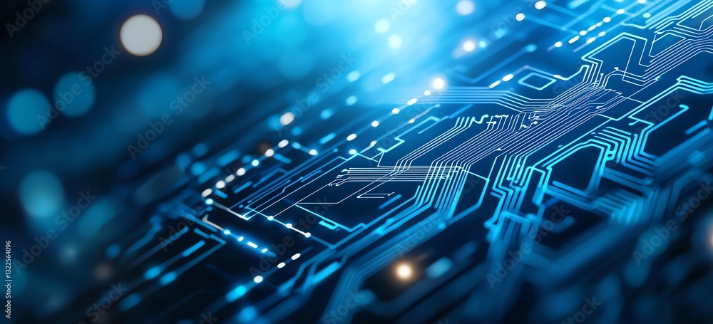 Poster a close-up view of a futuristic circuit board with glowing blue lines and intricate patterns, repres