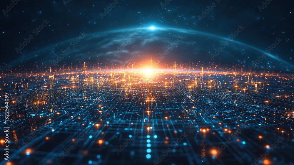 Poster dynamic digital landscape virtual reality visual art futuristic environment aerial view cybernetic c