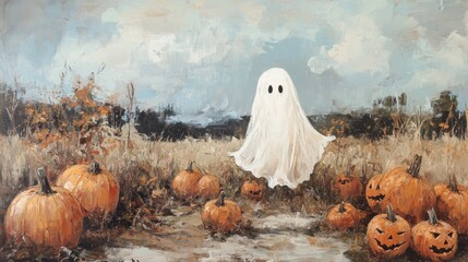 Whimsical Oil Painting of a Cottage with a Cute White Sheet Ghost in a Field of Pumpkins