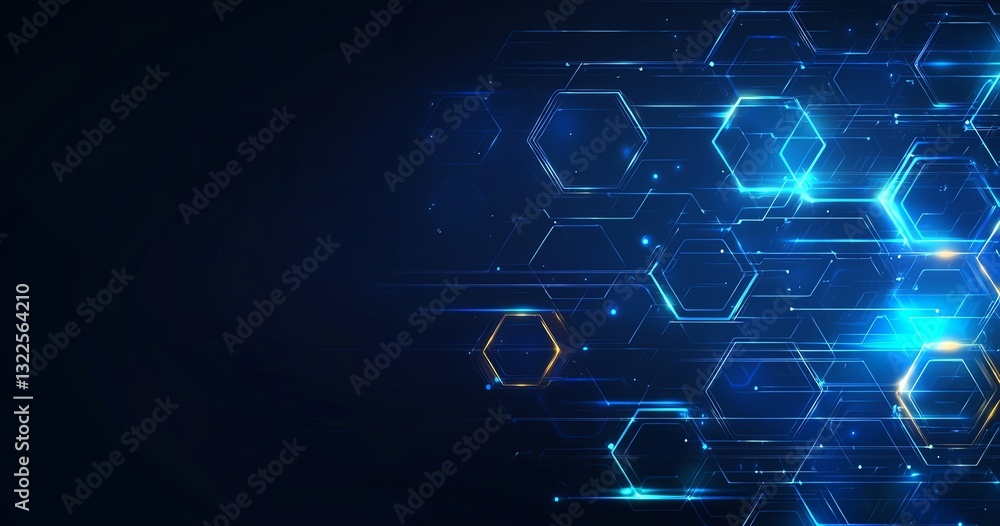 Poster abstract technological background featuring glowing hexagons and dynamic blue light streaks. perfect