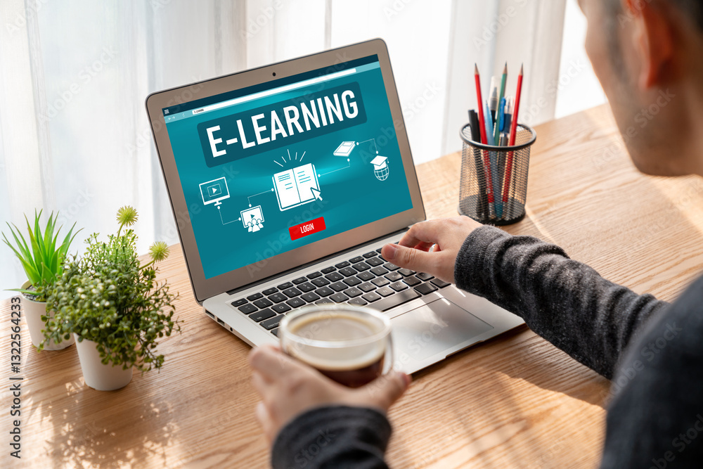 Poster e-learning website with modish sofware for student to study online on the internet network