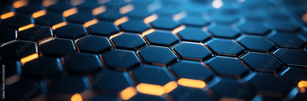 Poster this abstract image features a close-up view of a honeycomb structure with illuminated hexagonal cel