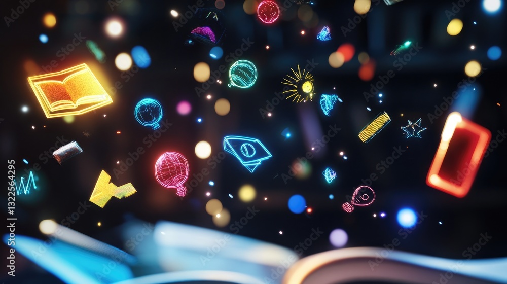 Poster a dynamic d digital classroom environment with neon-themed floating academic icons representing vari