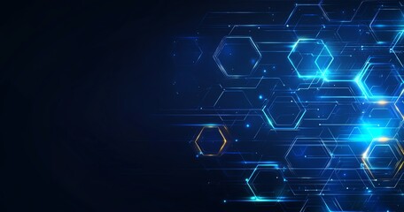 Obraz premium Abstract technological background featuring glowing hexagons and dynamic blue light streaks. Perfect for representing data flow, digital innovation, and advanced computing themes.