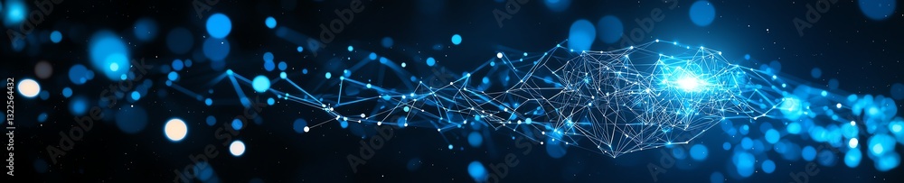 Poster a vibrant digital landscape showcasing luminous blue orbs and intricate network lines, representing 