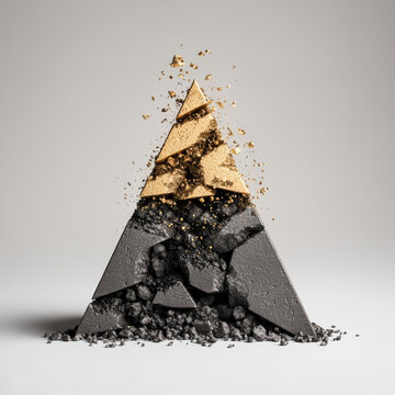 striking pyramid structure with golden top, breaking apart to reveal textured gray base