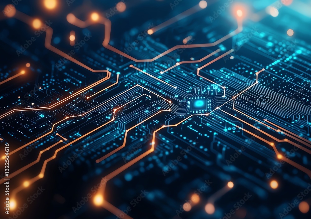 Poster close-up view of a high-tech circuit board with glowing lines and intricate patterns. this image rep