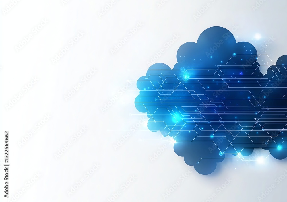 Poster an abstract representation of cloud computing technology features, showcasing blue clouds connected 