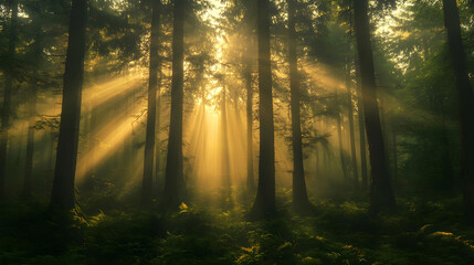 Obraz premium Mystical forest background with dense fog and sun rays peeking through tall ancient trees