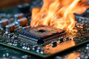 A circuit board with a central processing unit burning with flames