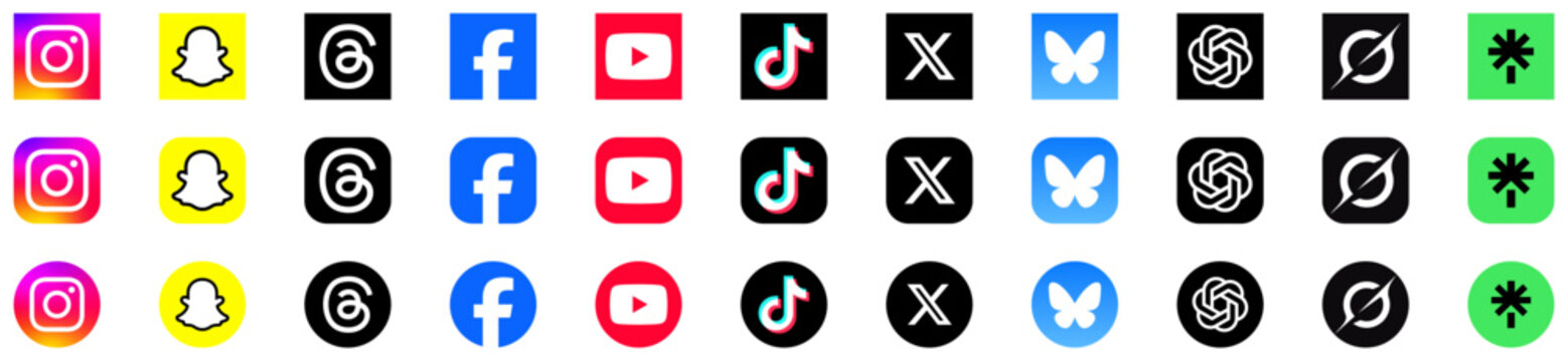 social media icon set or social network logos , facebook, instagram, x, youtube, snapchat, linktree, tiktok, bluesky, flat vector icon . artificial intelligence ai apps: grok, chatgpt, logo, icons