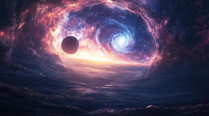 Cosmic Nebula, Celestial Tapestry of Stars, Planets, and swirling galaxies
